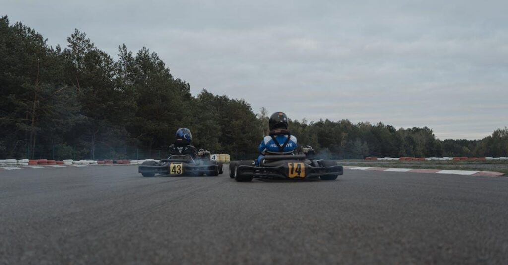 Intense go-kart racing with two drivers speeding around a winding track at high speed.